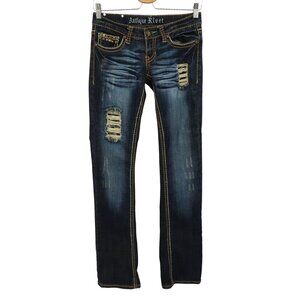 Antique Rivet Women 25 Blue Whiskered Pyramid Stud Distressed Denim Jeans Cotton